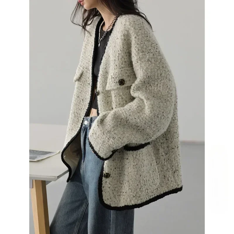 Women Y2K Tweed Jacket Harajuku Retro Preppy Style Simple Coat Fall Winter Female Korean Long Sleeve V Neck Buttons Tops