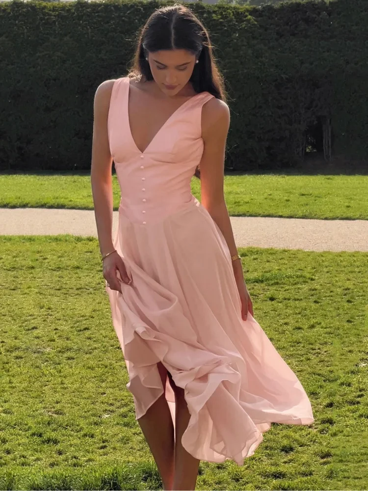 XIAOTANG สีชมพู V คอ Backless เซ็กซี่ Maxi ชุดผู้หญิงชุดแฟชั่นแขนกุด A-Line จีบ Club Party ชุดยาว