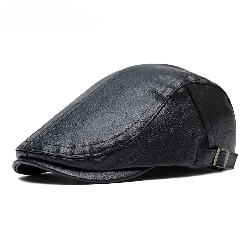 

Autumn Winter Warm Men's Imitation Sheepskin Adjustable Middle Aged Flat Cap Trendy Beret Leather Hat