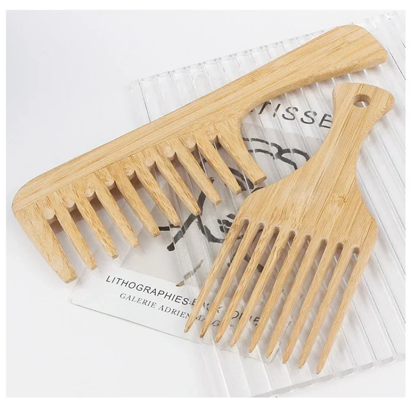 1Pcs Natural Bamboo Wooden Hair Comb Anti-Static Afro Fork Combs For Women Round Wide Tooth Wood Comb Hair Brush women