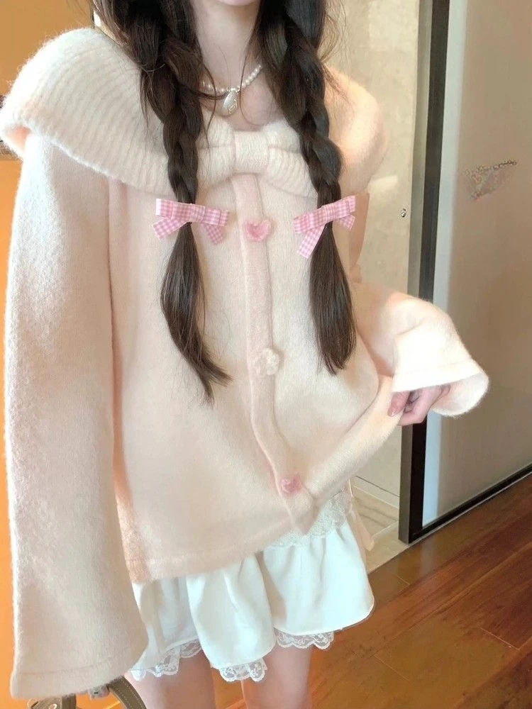 

Korean Early Autumn Sweet Kawaii Pink Knitted Tops Fashion Lazy Style Cardigan Coat Women Long Sleeve Sweaters Mujer Kawaii