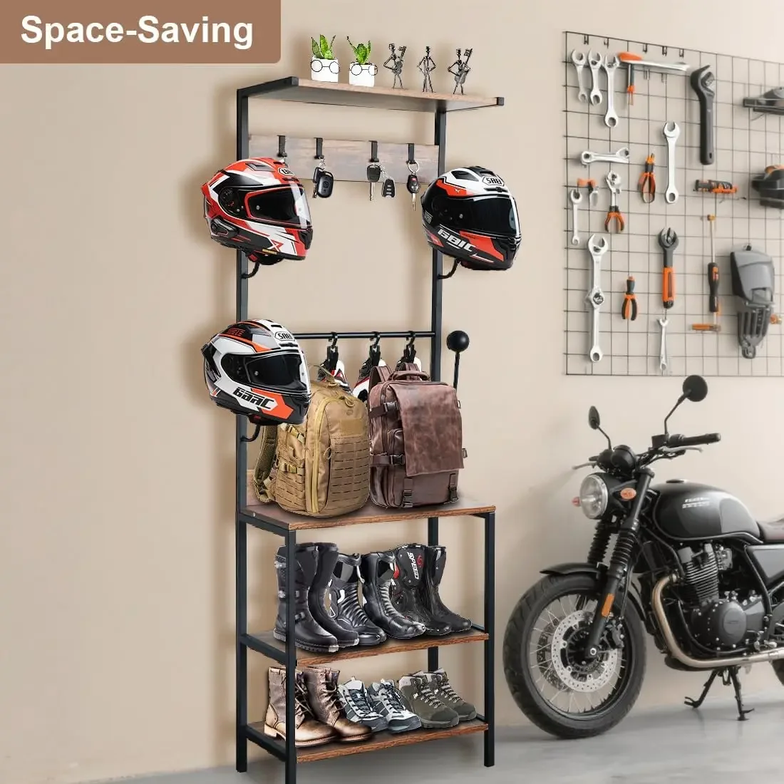 Motorcycle Helmet Holder, Floor Mounted Stand Helmet Holder with 4 Helmet Rack, 4 Glove Chips and 4 Hooks, Rustic Motorcycle Hel