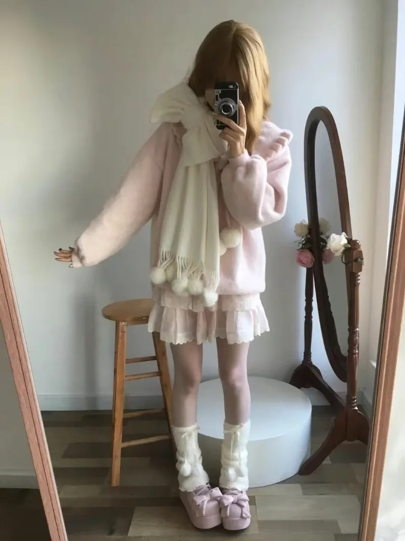 Japanese Pink Girls Clothes Set Cute Cardigan+short Skirt+bow Scarf Three Piece Sets Womens Outifits Spring New Clothing Woman