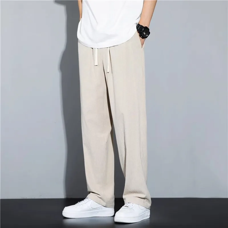 

6 Colors!2024 Summer Linen Crop Pants Men's Thin Cotton Hemp Long Pants Loose Straight Leg Casual Pants Joggers