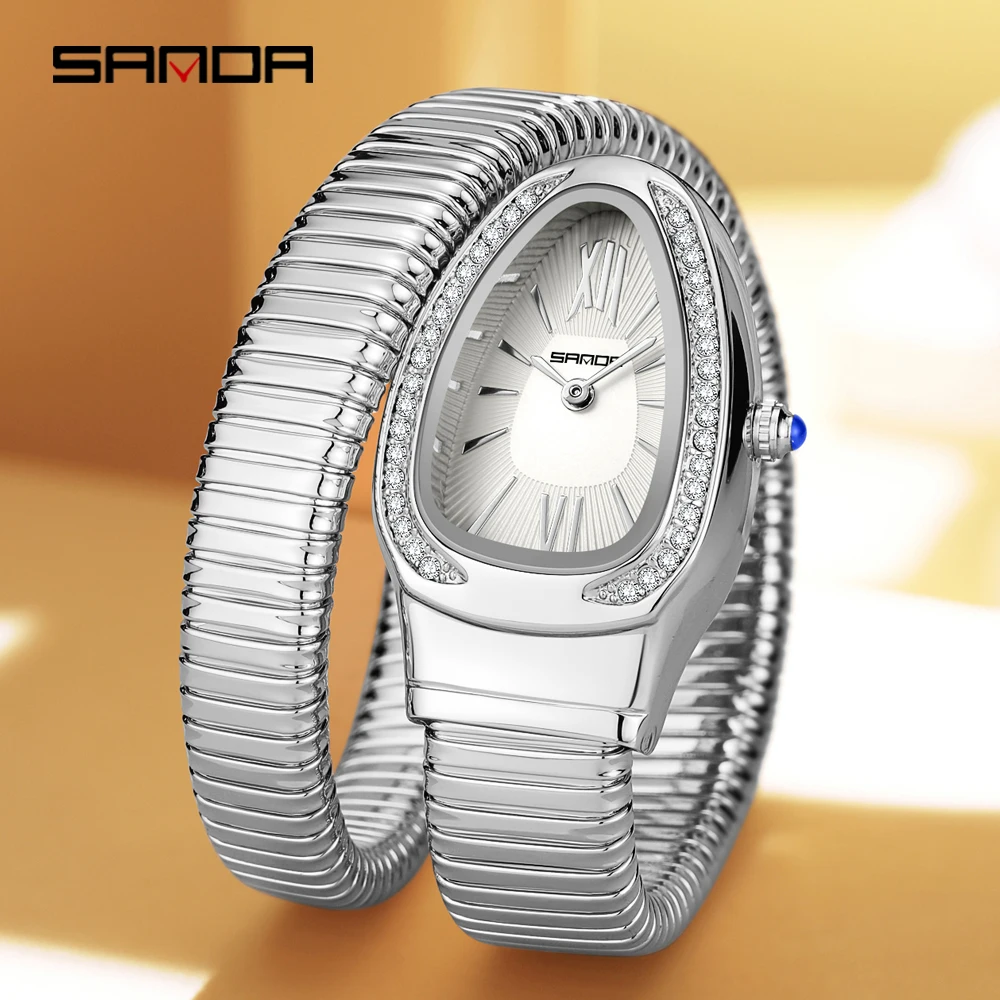 SANDA 1151, reloj de cuarzo a la moda para mujer, reloj de mujer de gama alta con incrustaciones de diamantes serpentinos, reloj de cuarzo de lujo ligero Retro para mujer
