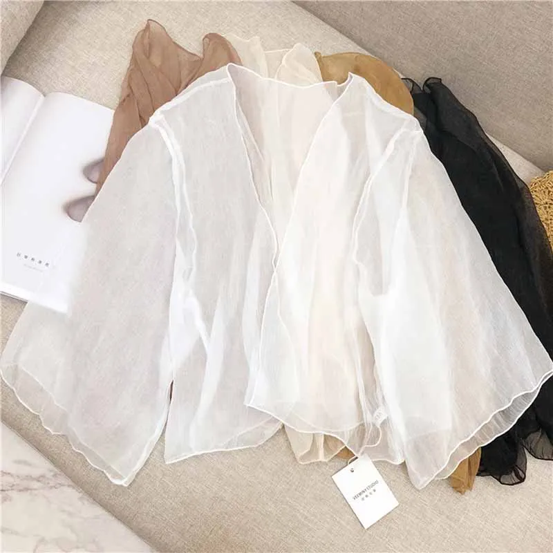 JANZHISAN Women Summer Crinkle Chiffon Cardigan Sheer Casual Beach See Through Cover Ups Transparent Loose Top For Vacation