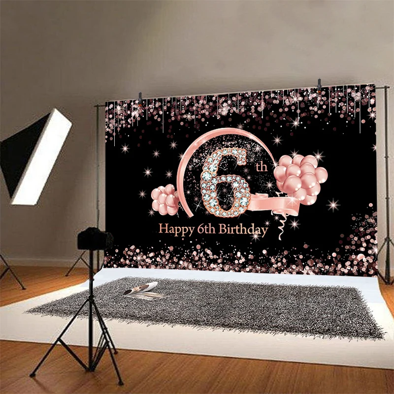 Happy 6th Birthday Backdrop for Baby Girls 6 Years Party Black and Pink Balloons Decorations Photography Background Banner Props
