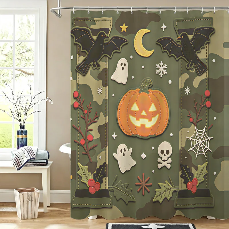 Camo Green Halloween Shower Curtain Retro Pumpkin Bat Ghost Crow Patch Print Bathroom Curtain With Hooks Fashion Bath Decor Gift