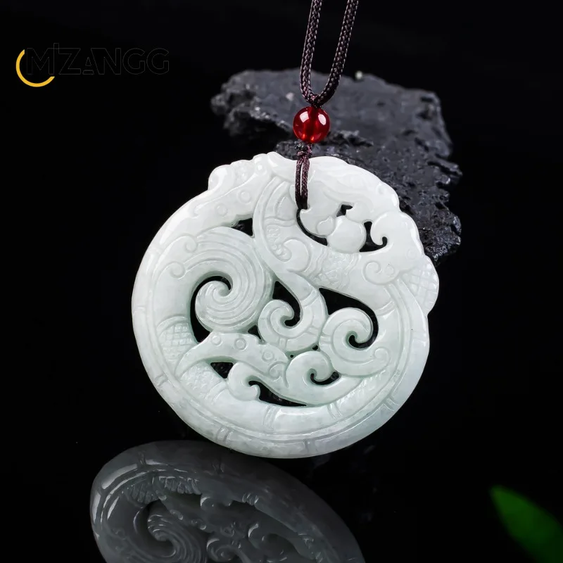Natural Jadeite Antique-Style Round Openwork Double-Sided Dragon Pendant Exquisite Fashionable Jade Necklace Unisex Holiday Gift