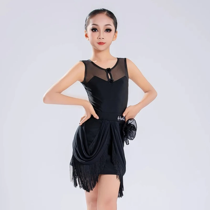 Latin Dance Costume Girls Dance Performance Clothes Black Mesh Tassels Skirt Set Dancewear Children Training Clothing XH2888