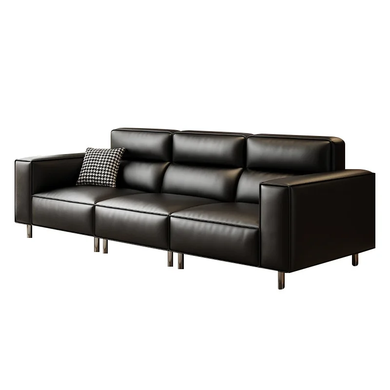 

New Italian minimalist living room tofu block leather sofa big black cow modern simple three-person straight row first layer
