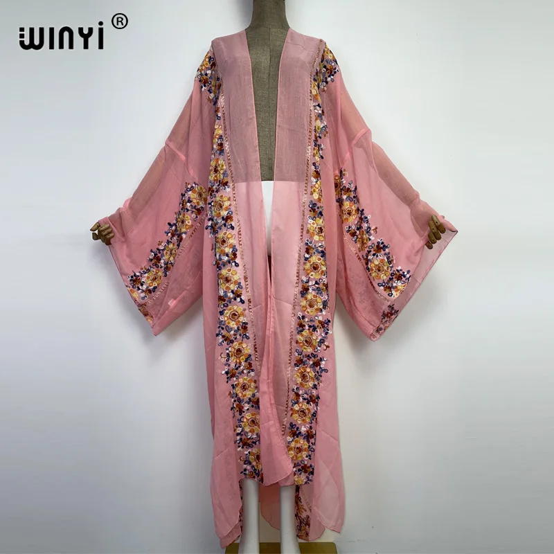 WINYI Embroidery Dress Beach Cover Up Bohemian All-match Sexy comfortable perspective home coat Elegant Holiday party Kimono