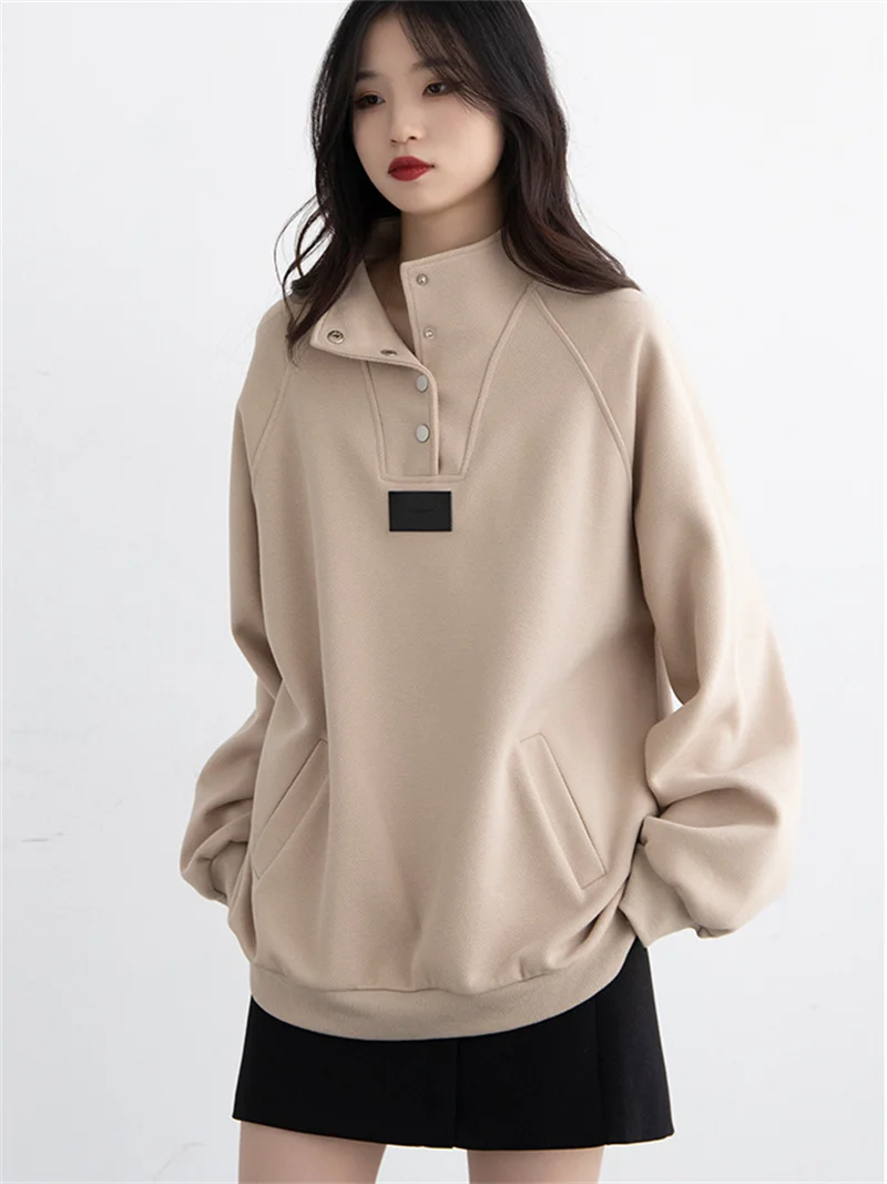 Preppy Style Stand-Up Collar Half-Open Pullover Sweatshirt Women Fashion Long Sleeve Pull Top Autumn Winter Oversize Coat Female