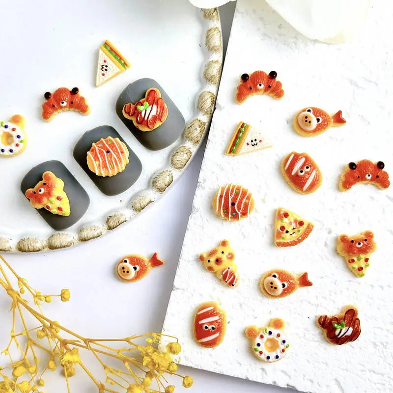 30PCS Simulated Salad Bread Donut Nail Charms Creative Cute Bear Cowhorn Sandwich Desserts Resin Nail Art Decorations DIY Nails