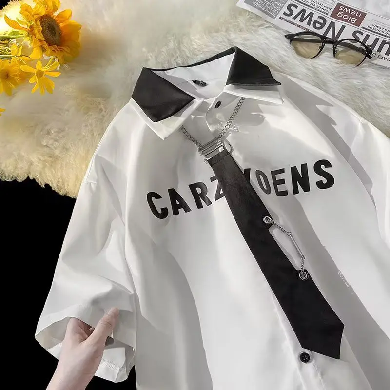 Koszula męska z blokami kolorów, elegancka koszula z krótkim rękawem, letni trend, luźna koszula z rękawem do połowy ramienia, casualowa koszula w stylu college, uniform DK Japan