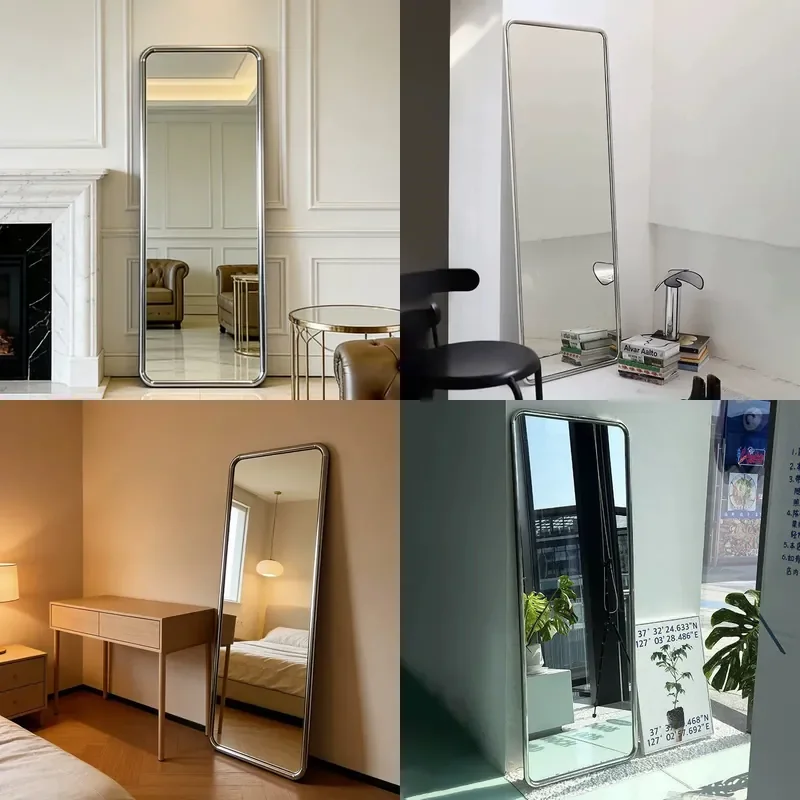 For Full Length Mirror Movable Floor Standing Square Mirror Stainless Steel Frame Clothing Store Fitting Room Household