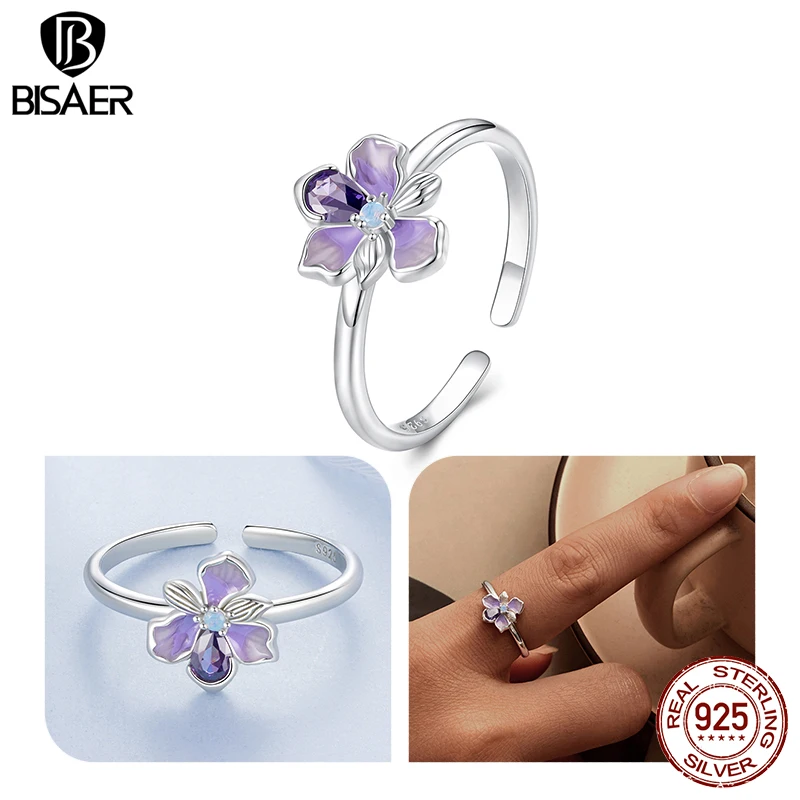 BISAER 925 Sterling Silver Floral Bird Open Ring Flower Band Adjustable Size 5-9 Plated White Gold For Women Party Fine Jewelry