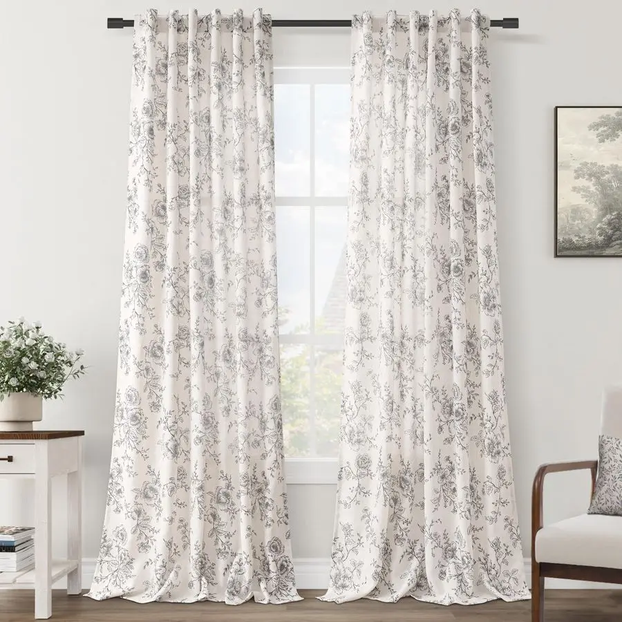 

Linen Curtains for Dining Room 84 inch length 2 panels Neutral Cream Black Pattern Printed Curtains Light Filtering Back Tab Sem