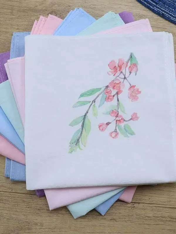 Traditional Chinese Style Cherry Blossom Print Soft 100 Percent Cashmere Women Handkerchiefs Absorbent Square Hankies Multi Colo