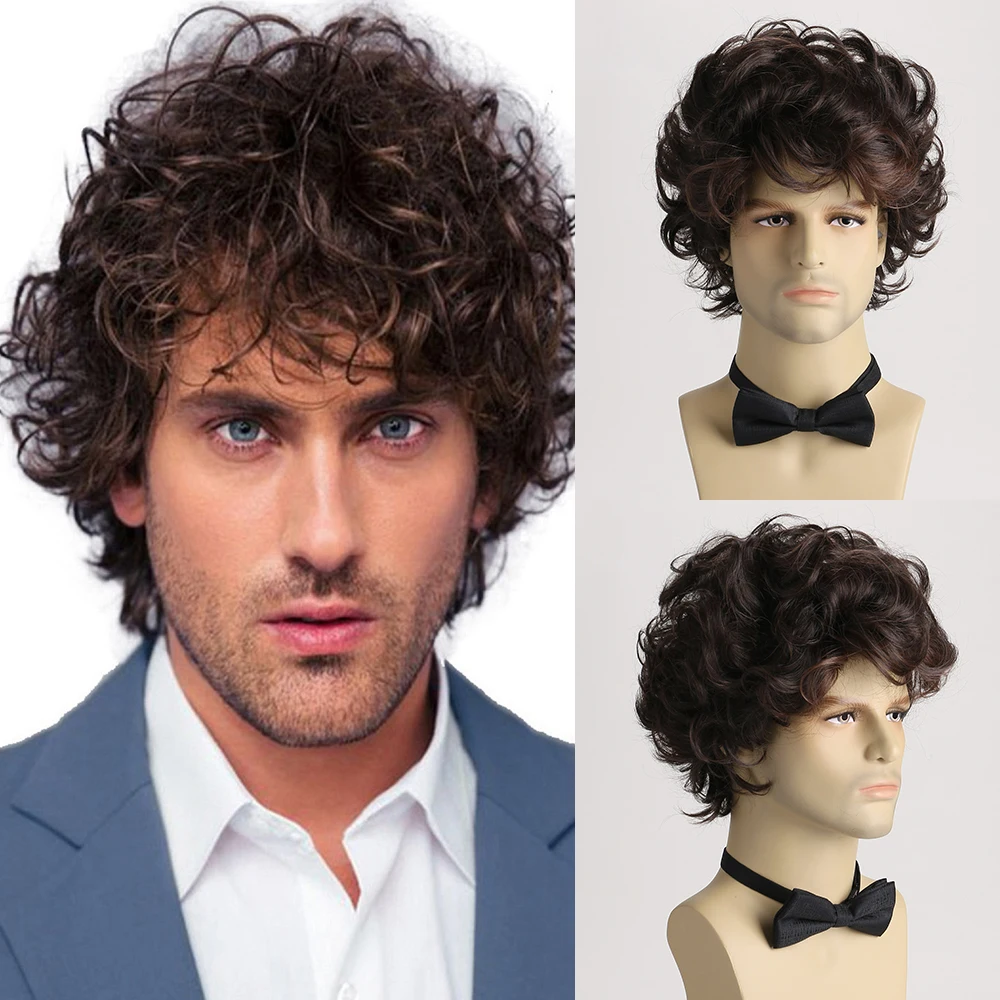 

10-дюймовый синтетический черный коричневый натуральный короткий вьющийся парик для мужчин, мужские волосы, термостойкие волокна, парики для ежедневного использования, Хэллоуин