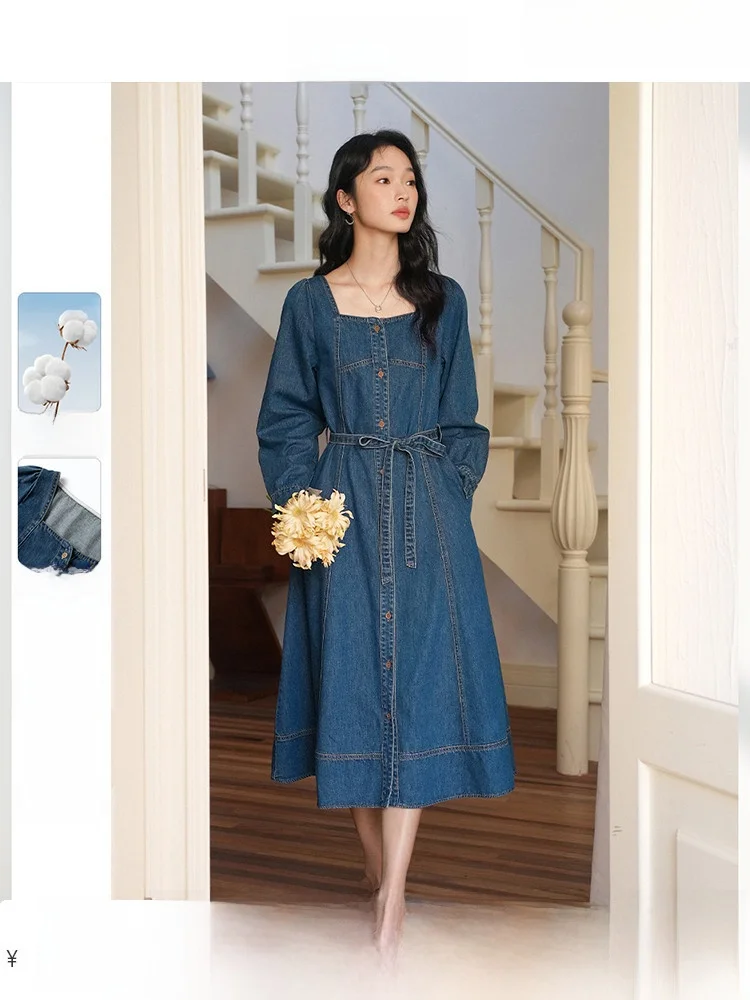 

Retro Square Collar Bubble Sleeve Dress Women's Spring New Slimming A-Line Long Dress Vintage Style Button Detail Denim Cotto...