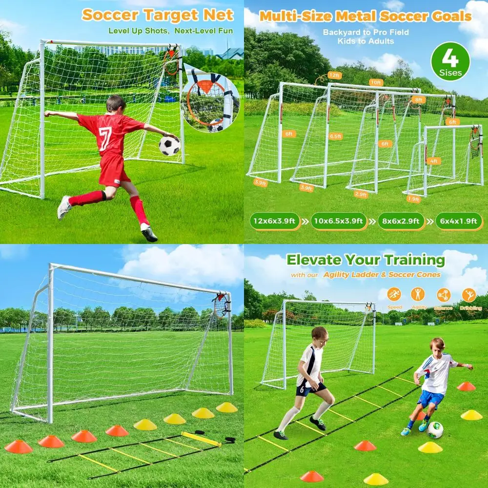 

Портативные футбольные ворота 12x6, 10x6.5, 8x6, 6x4 для детей и взрослых с 2 стальными стойками и сеткой