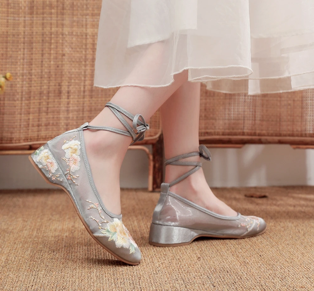 Veowalk Long Ankle Strap Summer Women Gauze Mesh Embroidered Ballet Flats Breathable Comfortable Walking Shoes for Elegant Lady