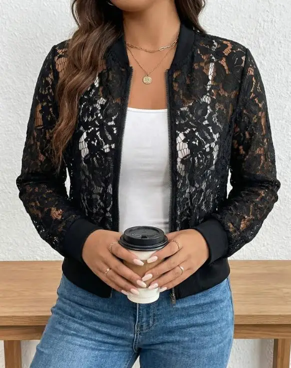 

Women's Jacket 2026 New Spring Autumn Solid Color Round Neck Long Sleeve Versatile Casual Lace Zipper Crop Jacket Top