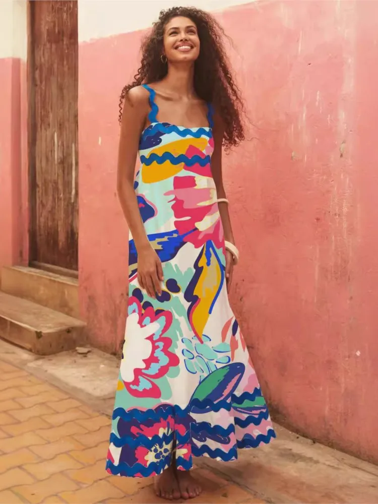 Summer Cover Ups Women Swimsuit Spaghetti Strap Robes Bathing Suit 2026 New Flower Printing Beach Holiday Maxi Dresses Cover-Up