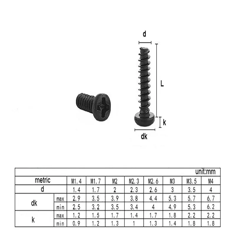 50pcs Mini Phillips Round Head Flat Head Tapping Screws Phillips Pan Head Flat Head Small Bolts Nickel Plating/Black Zinc