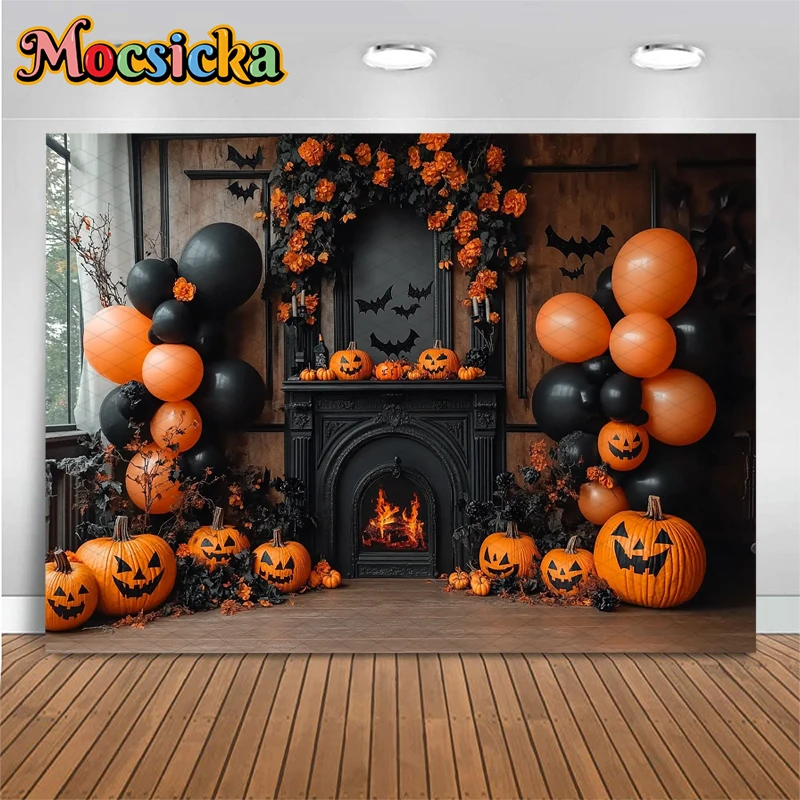 Tła Mocsicka Halloween Dynia Czarny Kominek Pomarańczowe Balony Tła Imprezowe Fotografia Wewnętrzne Dekoracje Nietoperze Baner