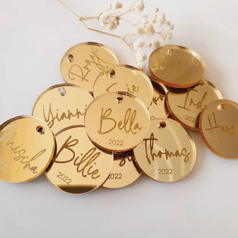 50 teile/paket personal isierte Acryl Tag benutzer definierte Hochzeit Name Baby Taufe Spiegel Silber Gold graviert Tag Dekoration Geschenk