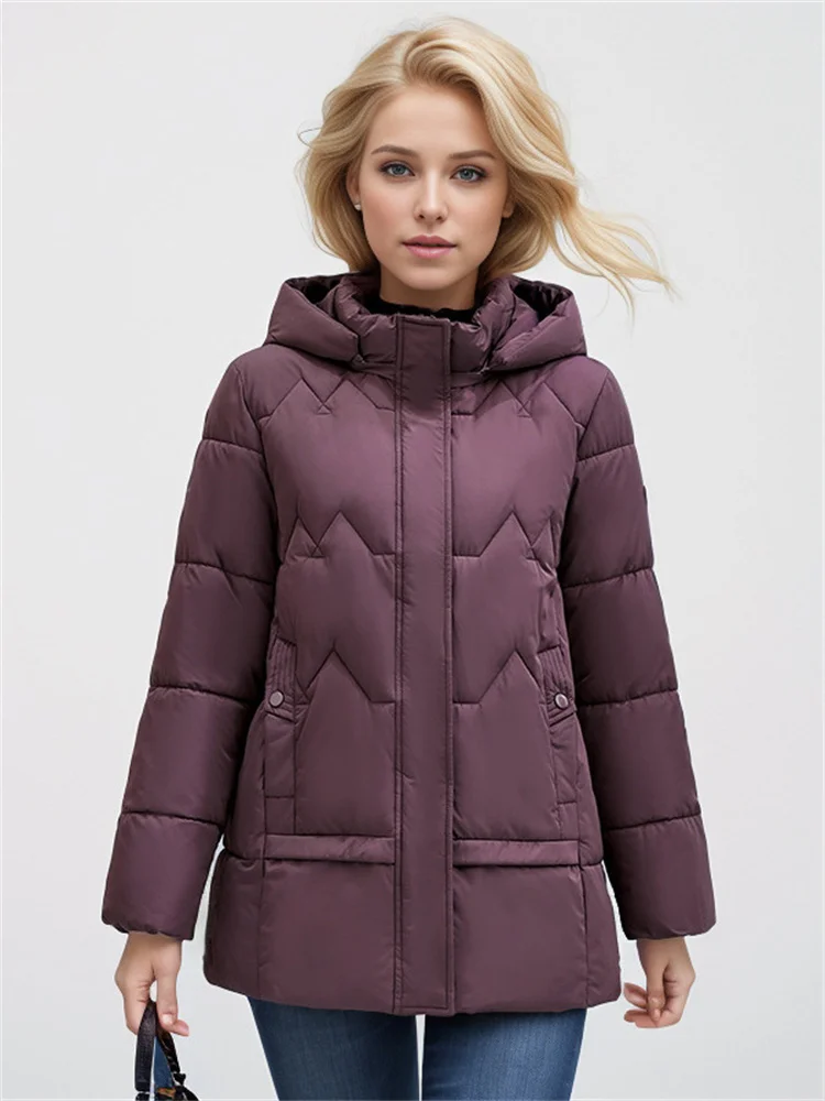 

Women's Puffer Cotton Insulated Jacket 2024 Winter New Stylish Midi Length Solid Color Hooded Casual And Elegant Padded Jacket