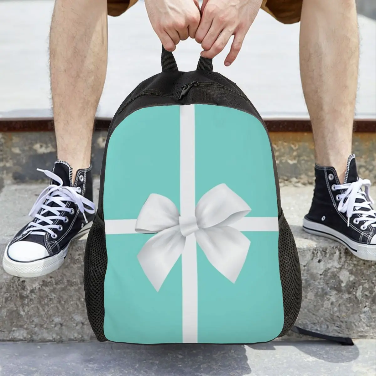 

Turquoise Gift Box White Bow Backpack Hot Sale Daypack Large Capacity Children BookBag School Bag Shoulder Bags for Men Women