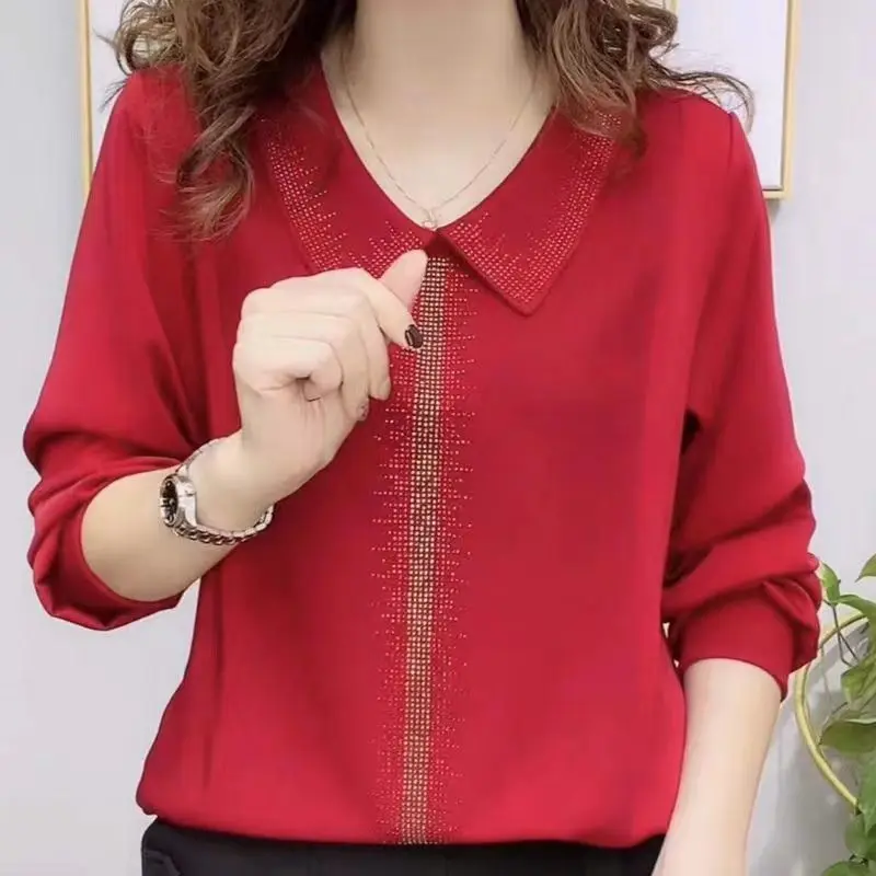 Female Clothing Vintage Casual Spliced Blouse Solid Color Fashion Diamonds Long Sleeve Spring Autumn Peter Pan Collar Shirt New