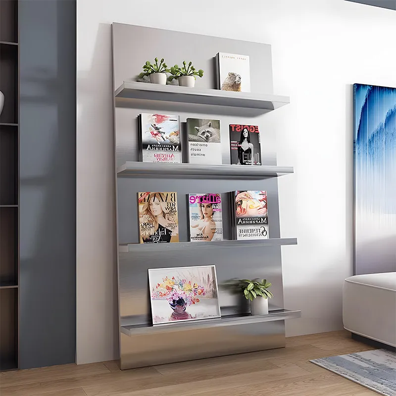 Medieval stainless steel shelf against the wall Floor magazine bookshelf Display shelf Modern simple bookshelf