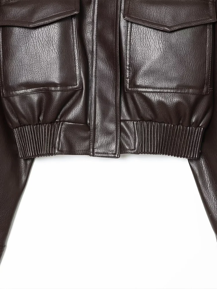 Chaqueta de cuero PU con cuello levantado para mujer, estilo europeo, versátil, elegante, holgada, color sólido