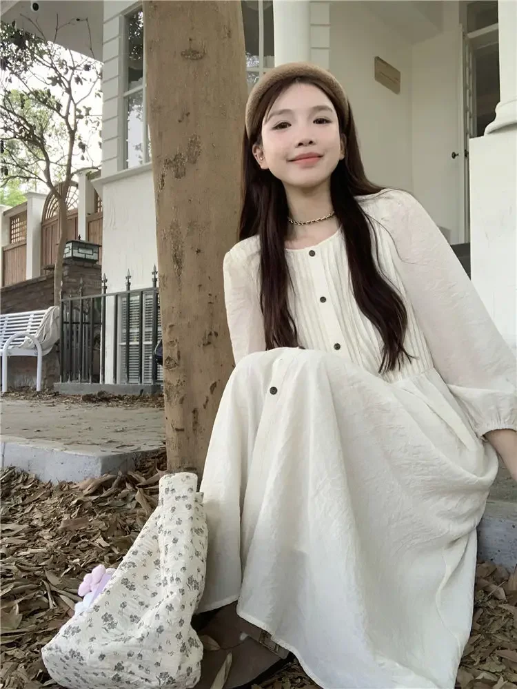 Design High Waist Loose and Long A-line Skirt Trendy Korean Pleated Long Sleeved Dress Women's New