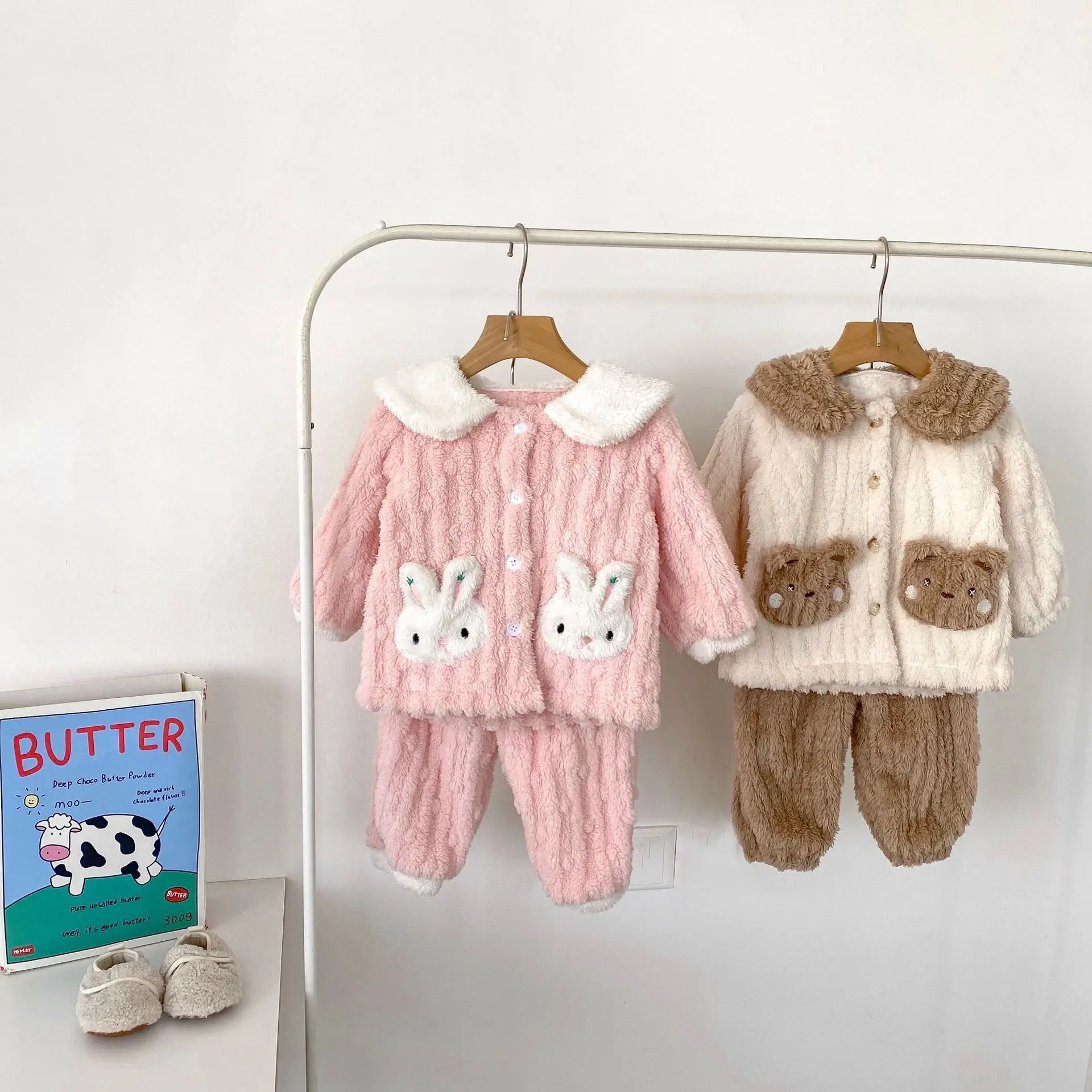 2024 Winter New Baby Cute Cartoon Fleece Pajamas Set Girls Plush Home Wear Cardigan 2pcs Suit Infant Toddler Thick Warm Outfits