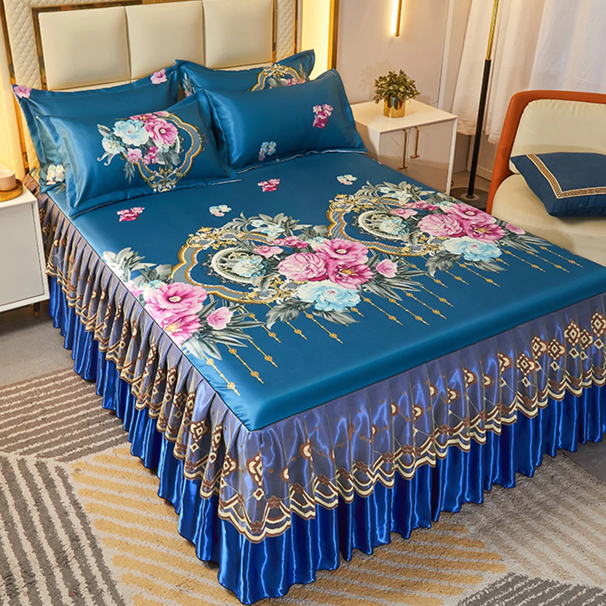 3 Pcs Blue Floral Skirt Bedding Set Garden Aesthetics Flower Rufled Mattress Pad Sheet Set Include Bed Skirt with 2 Pillowcases