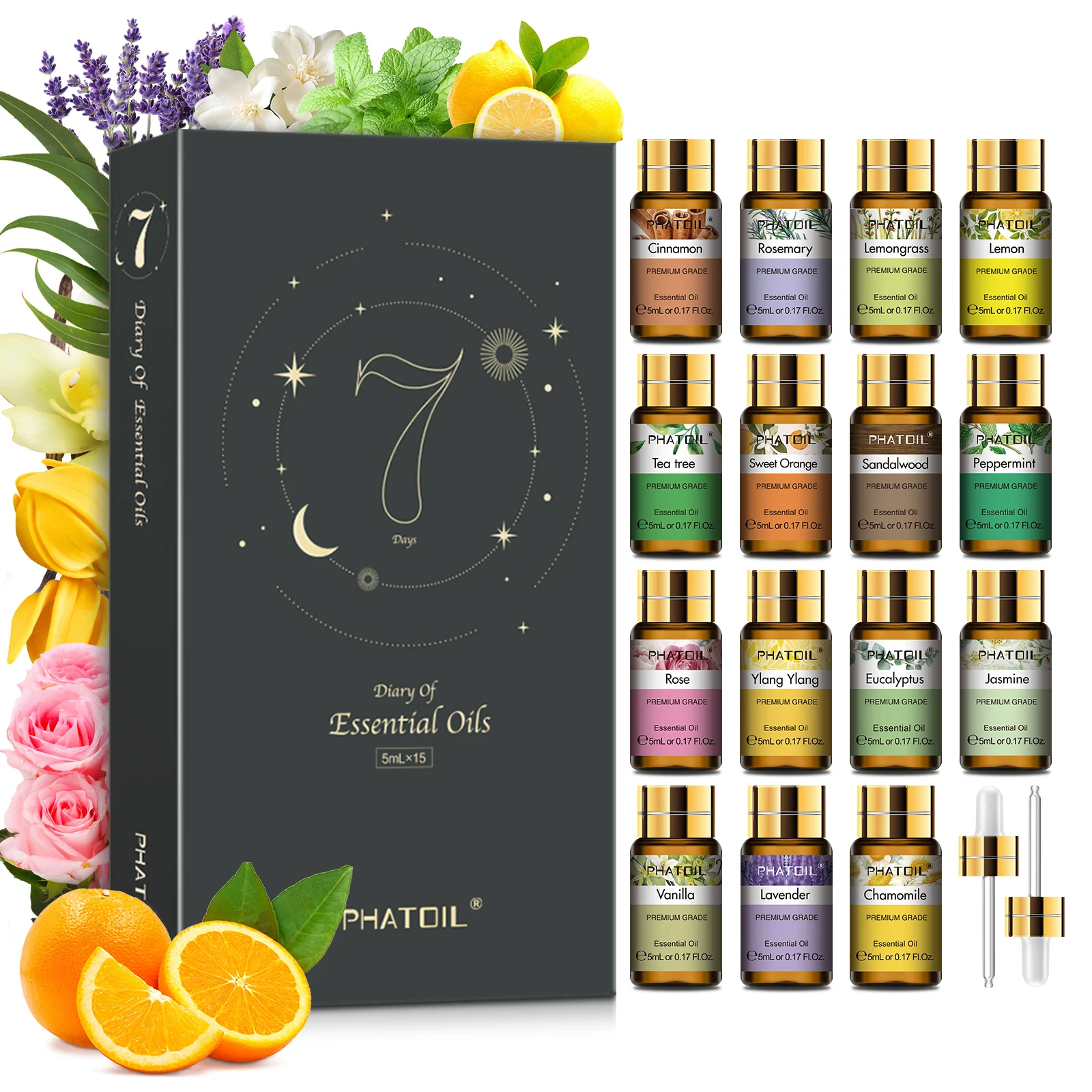 PHATOIL 15PCS Aromatherapy Essential Oil Set For Diffuser Candle Making-5ml Cinnamon Lavender Eucalyptus Peppermint Rose Vanilla