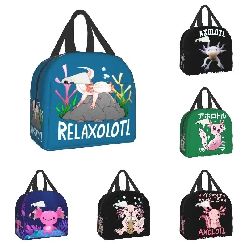 Relaxolotl Cute Axolotl Insulated Lunch Bag for School Office Salamander Animal Thermal Cooler Lunch Box Women Kids Food Bags