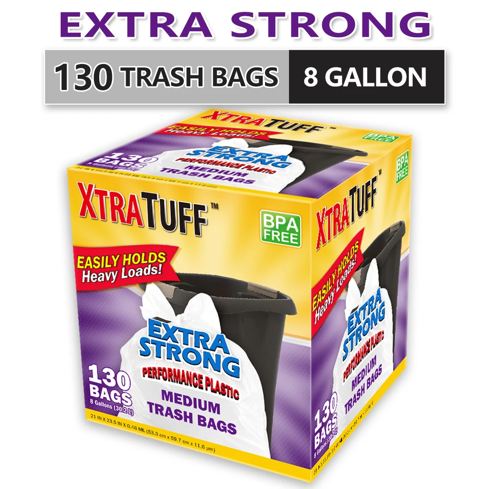 

Xtratuff Basics Trash Bags 8 Gallon Flap Ties Medium Garbage Bags White Trash Bag Box 130 Count