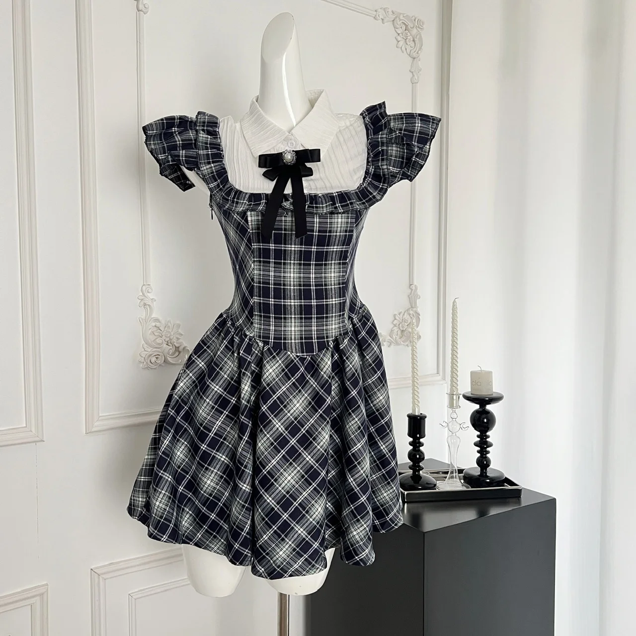 Summer Vintage Preppy Mini Dress Women Plaid Bow Short Sleeve Pleated Fluffy Dress Korean Elegant Evening Party Clothing Fashion