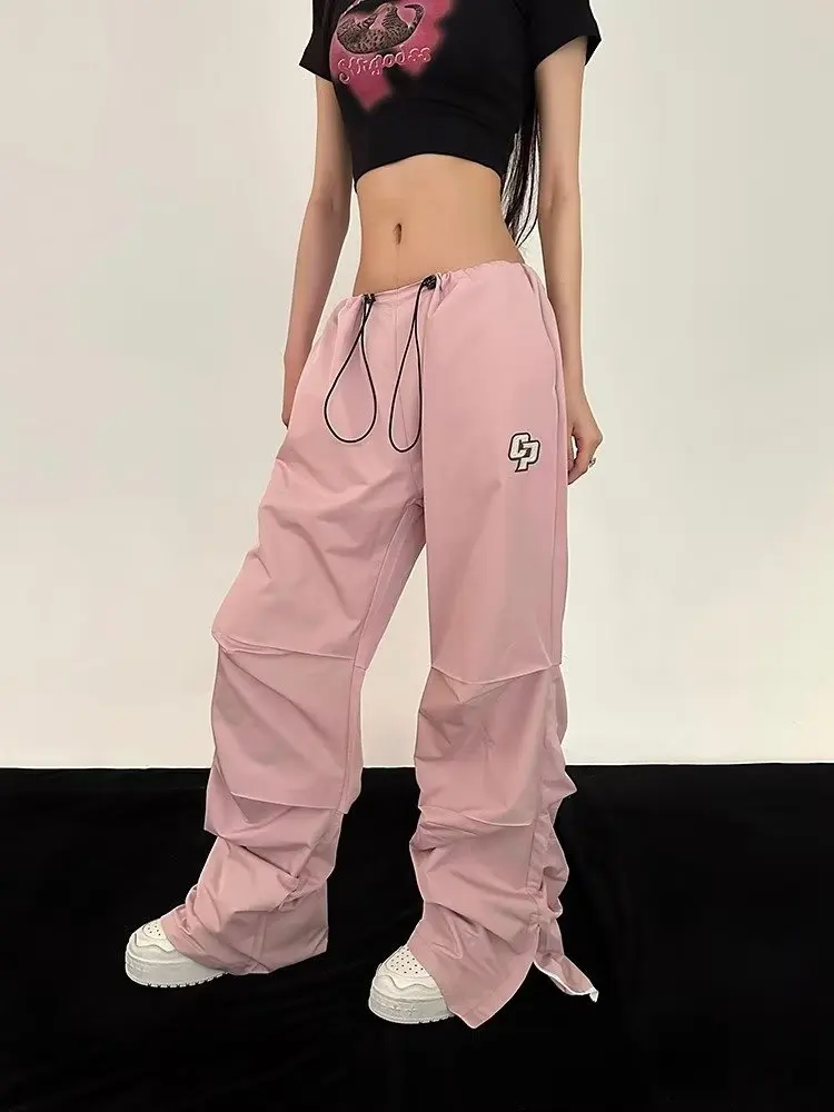 Y2K Pink Cargo Parachute Pants Women Big Pockets High Waist Drawstring Sweatpant 90S Aesthetic Korean Streetwear Wide Leg Trouse