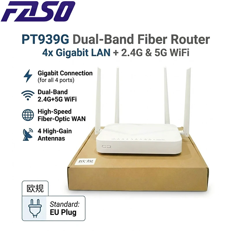 

XPON ONU 4GE 2USB TEL HGU WIFI 2.4G&5G Dual Band ONT EPON/GPON English version PT939G Optical fiber router