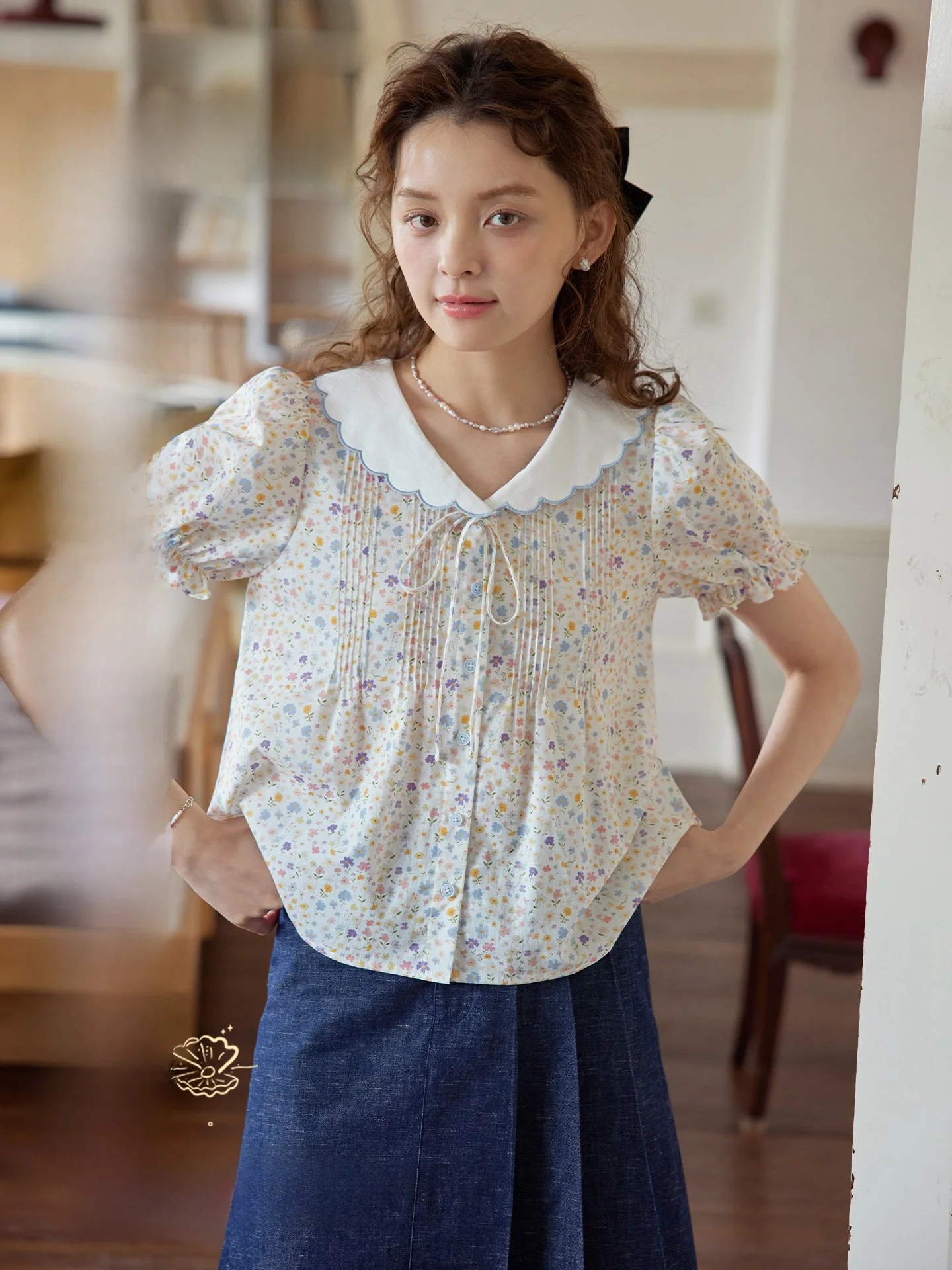 

Nov Et Naval Collar Embroidered Bubble Sve irt Women's Floral Print Cotton Casual irt Vintage Sle ort Sve
