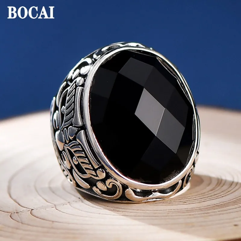 BOCAI New 100% S925 Silver Retro Divine Beast Gluttonous Wide Man Ring National Style Exaggerated and Overbearing Personality