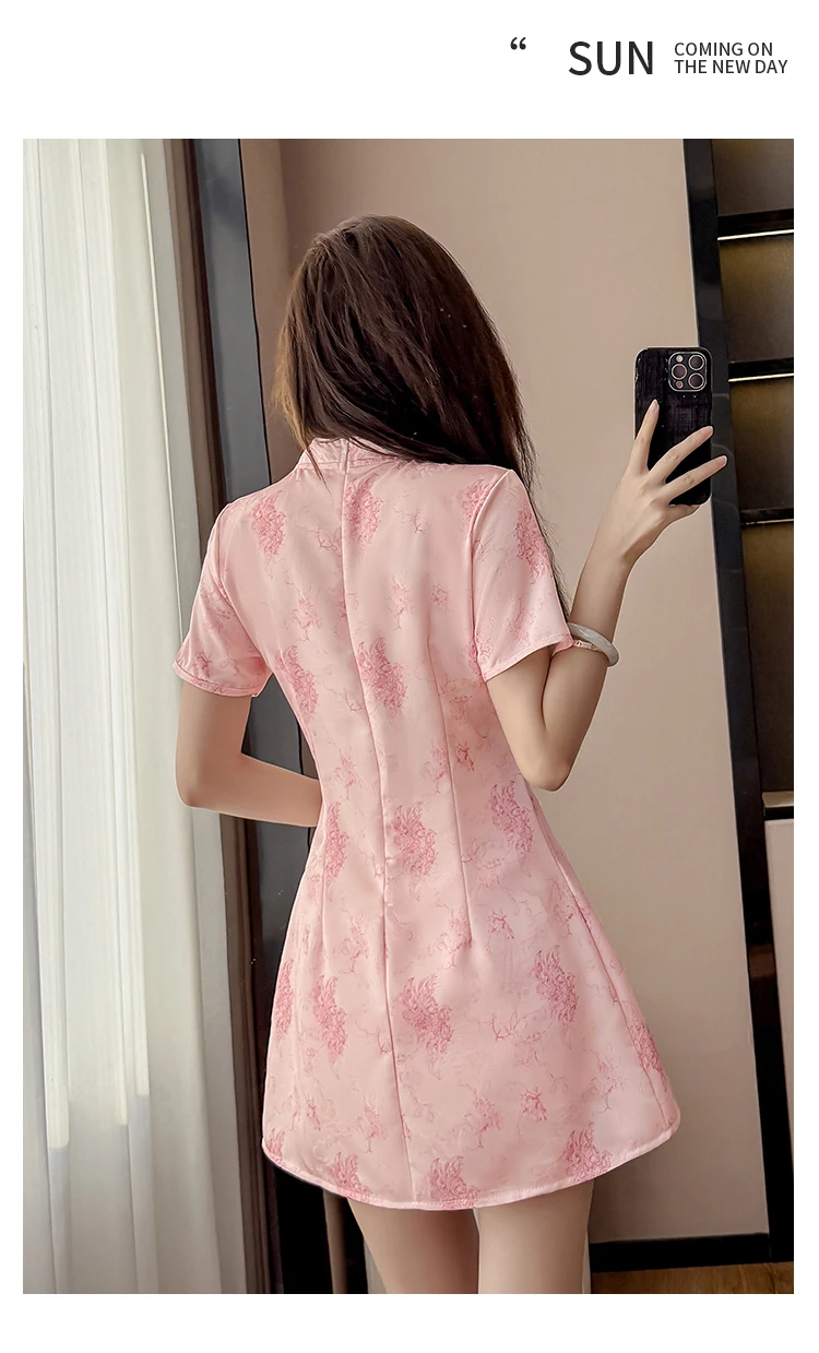 2026 New Chinese Style Floral Cheongsam Set - Sweet Pink 2 Piece Qipao Dress with Shorts, Elegant Spring Summer Outfit view 6