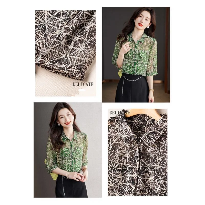 Classic Temperament Printing Single-breasted Blosue Women Office Versatile Polo Collar Summer Half Sleeve Chiffon Lady Shirt